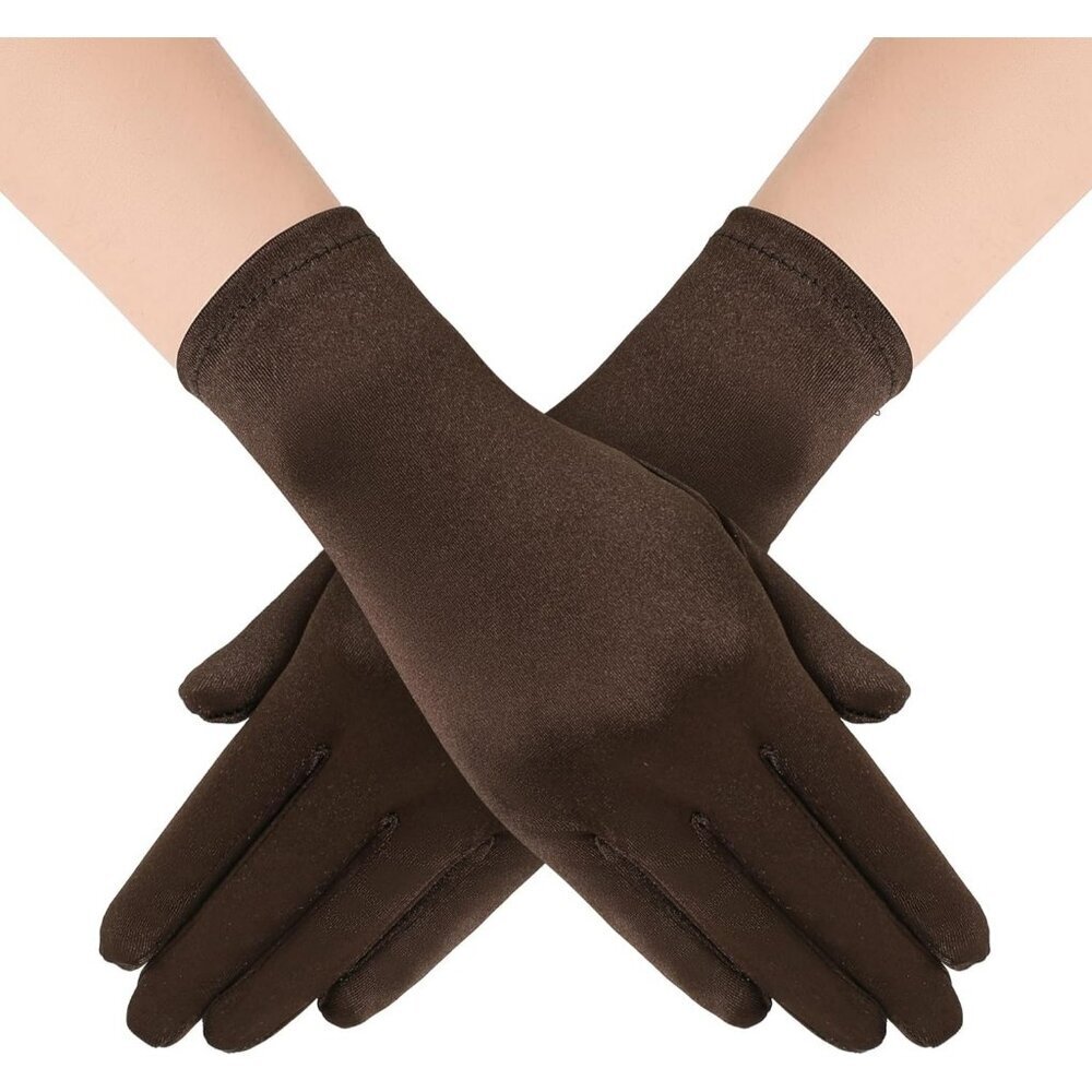 Women's Short Brown Satin Silk Gloves Banquet Wedding Party Costume Accessories